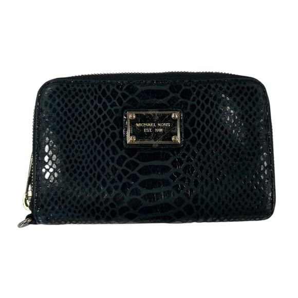 Michael Kors Black Shiny Snakeskin Zip Card Holder Small Wallet AS IS - Picture 1 of 8